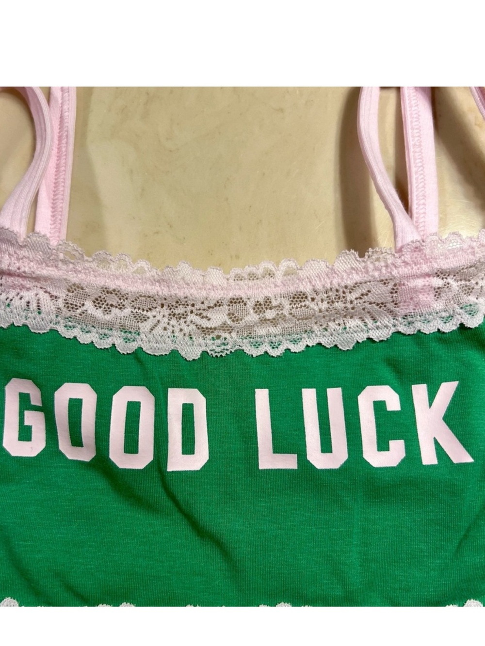 🍀VS PINK Cotton Lace Trim Scoop Bralette & Cheeky Panty Wild Green GOOD LUCK L - Picture 5 of 15